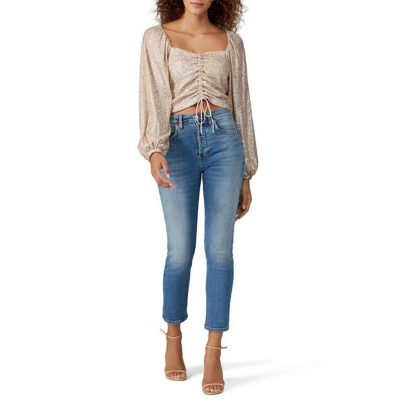 💕JONATHAN SIMKAI💕 Sequin Ruched Front Top ~ Champagne Medium - Picture 3 of 10